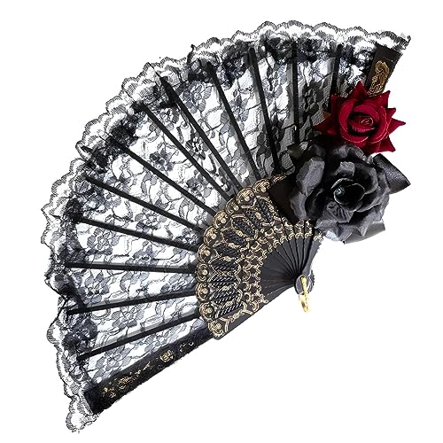 Abanicos en Encaje Negro, Vintage Abanico de Encaje, Abanico Mano para Mujer, Abanico Plegable Elegantes, Accesorios Plegables Retro, con Negro y Rojo Rosas, para Bodas y Fiestas