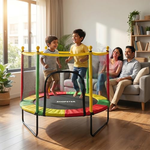 Image of Shopster 55 inch Kids Silent Trampoline with Safety Enclosure Net & Spring Pad, Indoor & Outdoor Powerful Loading Capacity for Children