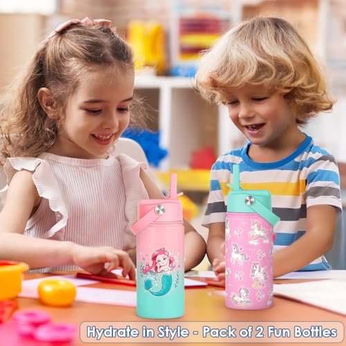 Image of SANDJEST Kid Water Bottle 12oz with Straw Lid - 2-Pack Insulated Stainless Steel Water Bottles for Kids Girls - Travel Cup for School Sports, Unicorn & Mermaid
