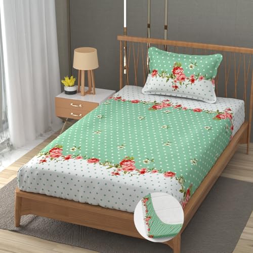 Image of Premium Heavy Cotton Elastic Fitted Bedsheets with 1 King Size Pillow Covers | Single Bed with All Around Elastic 350 TC | 36 x 78 x 6 Inch Single Size Fitted | - Green Dot