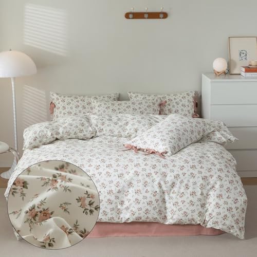 Image of MKXI Cute Bow Tie & Blush Pink Rose Flowers Stripes Duvet Cover Full Size Cotton Bedding Set with Zipper Ties - Vintage Country Floral Comforter Cover with 2 Pillowcases for Girls