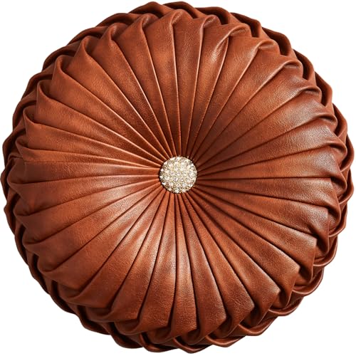 Image of EUCIOR Brown Round Leather Pillow,Circle Pillow,Handmade Round Throw Pillow,Smooth Faux Leather Decorative Pillows for Home Decor Bedroom Living Room Couch Bed,Diameter 15 inch