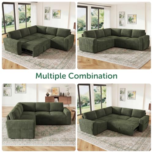 Image of HONBAY Modular Sectional Sleeper Sofa with Pull Out Bed,Corduroy L Shaped Couch with Storage, Sectional Couches for Living Room,Green