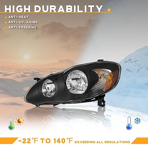 Image of WEELMOTO Headlights for 2003-2008 Toyota Corolla Halogen Headlamp Assembly | Clear Lens Black Housing Amber Reflector, Left+Right Side, Plug-and-Play, Halogen Headlamps, OEM: 81150-02360, 81110-02370