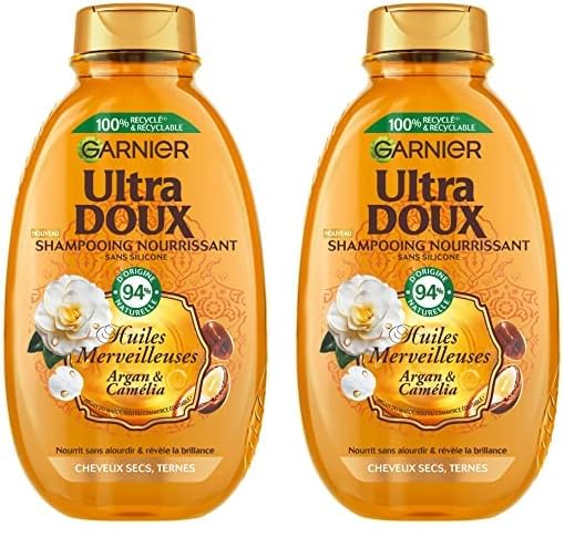 Shampoing nourrissant GarnierUltra Doux Huile d'argan et camélia 300ml (Lot de 2) pour cheveux secs et abîmés