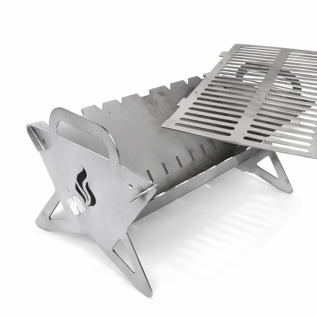 Składany grill kempingowy COMBO 3 mm – obudowa ze stali nierdzewnej + ruszt do grillowania INOX 1 mm – 505 × 296 mm – składany