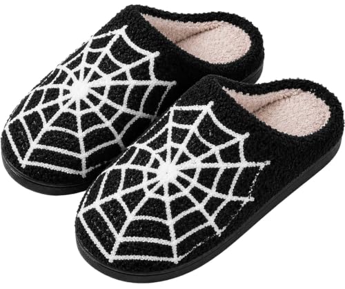 YeeSupe Halloween Slippers for Men Women Fluffy Plush Warm House Slippers with Ghost Pumpkin Bat Design Non-Slip Home Spooky Shoes