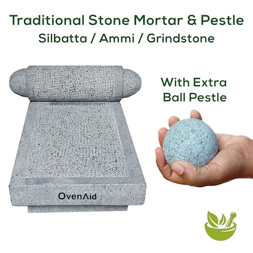 Natural Stone Sil Batta/Mortar and Pestle Set � Ammikallu/Khalbatta/Traditional Grinder with Extra Ball Model Pestle (14" x 8") for Home Cooking