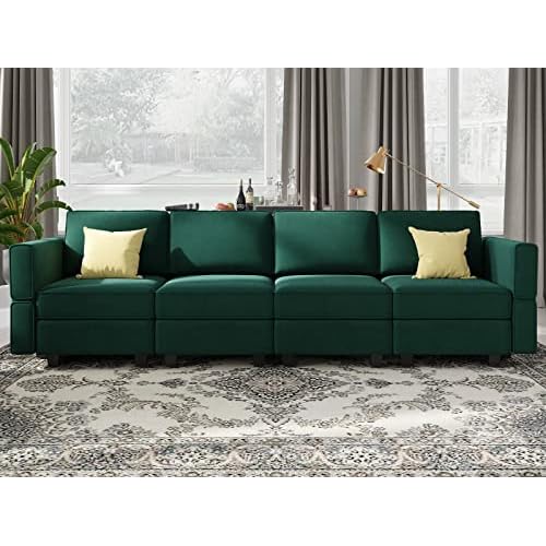 Belffin Modular Sofa Couch with Storage Seats Sectional Sofa Velvet Sofas for Living Room Green 4 Seater Sofa Green