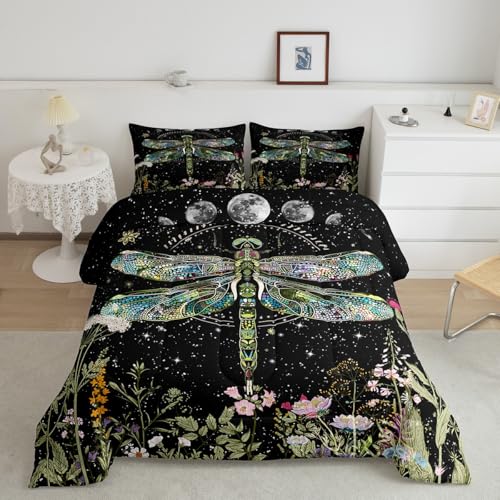 Image of Wildflower Dragonfly Bedding Set Inner Fill for Boys Girl Twin,Moon Phase Botanical BKids Comforter Vintage Plant Nature Blossom Leaf Floral Garden Herbs Leaves Comforter Set,Bohemian Quilt Set Decor