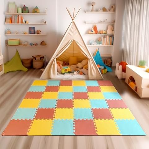 TCBunny Kids Soft EVA Foam Jigsaw Puzzle Play Mat, 18 Interlocking Tiles and Edges Baby Play Mat, for Kids Gym, Nursery, Playroom, Pet Mat, Total Floor Coverage 16 Sq Ft, Red/Yellow/Aqua Cover
