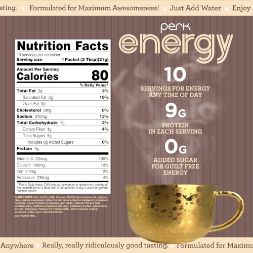 Image of Perk Energy Drink Mix (Dark Chocolate Salted Carmel Pretzel) 10 Stick Packs | Caffeinated Healthy Coffee Alternative with Protein, 100mg of Caffeine, Gluten-Free, Soy-Free, Peanut-Free