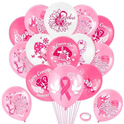DPKOW 27pcs Français Ruban Rose Ballons pour Cancer du Sein d'Octobre Rose Décorations, Ballons en â€¦ – Vignette