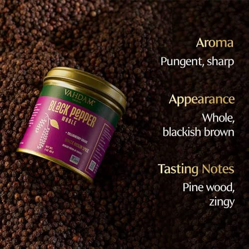 Image of VAHDAM, Black Pepper Whole (2.8oz /85g) Gluten Free & 100% Raw Black Pepper Whole /Peppercorns from India | Perfect for Cooking, Smoothies, Lattes & Tea | Direct from Source