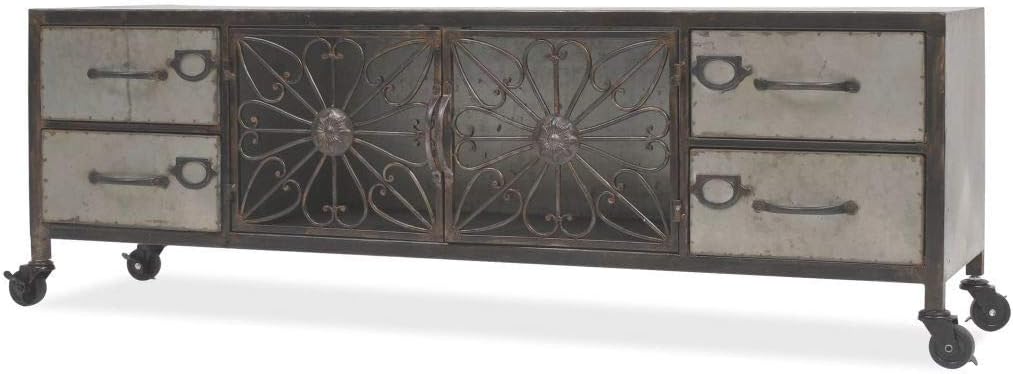 Industrial Style TV Stand Wheels 4 Drawers & 2 Doors Antique Metal Furniture Vintage Media Storage Retro Low Board Chic Side Cabinet Large Living Room Television Unit Entertainment Center Silver