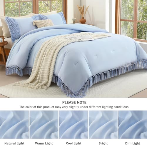 Image of Andency Comforter King Size Set Light Blue, 3 Pieces Boho Tassel Lightweight Fluffy Bedding Comforters & Sets, Soft All Season Bed Set (104x90In Comforter & 2 Pillowcases)