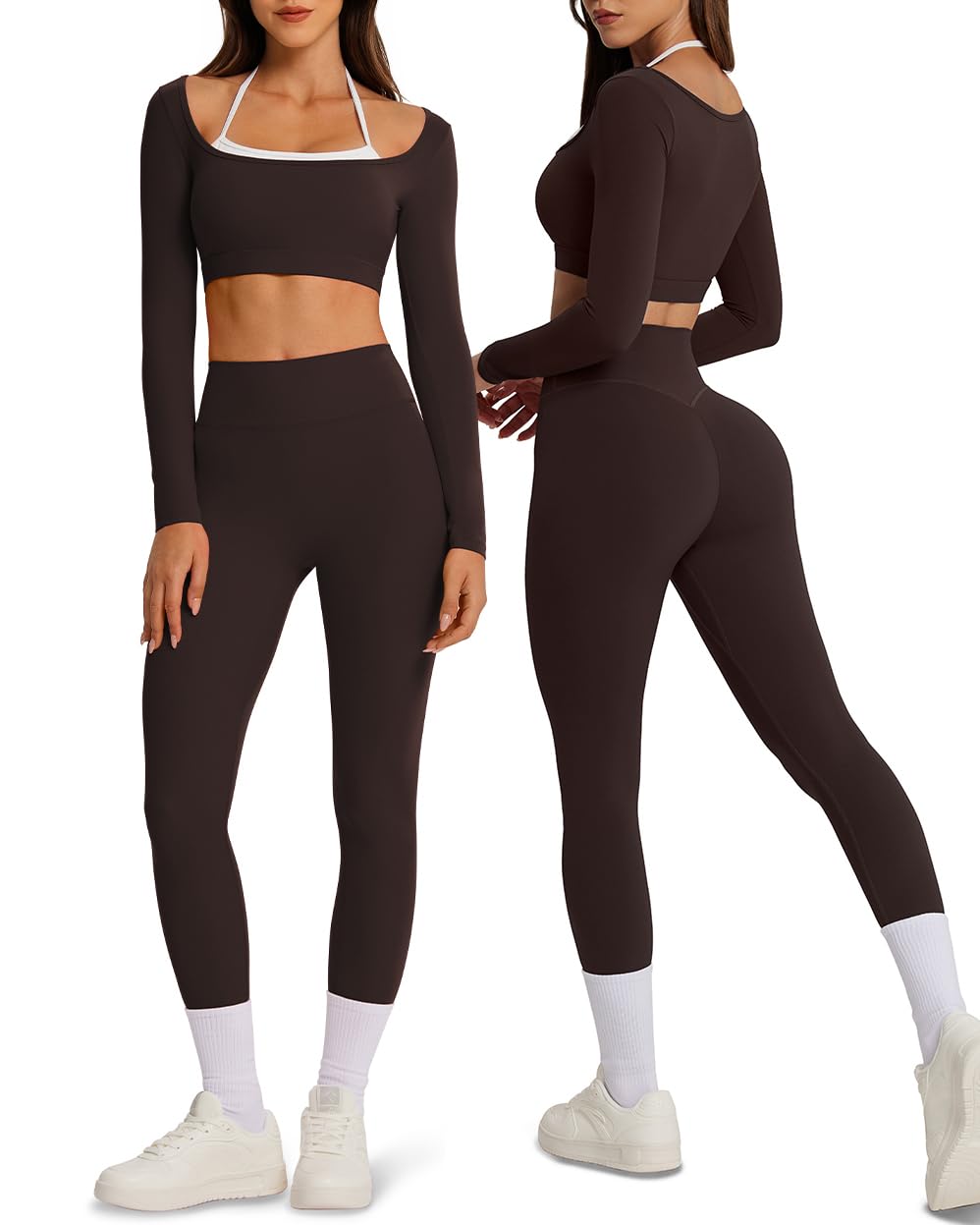 OMKAGI Womens Layered Workout Sets Long Sleeve Sports Bra Booty Gym Outfits