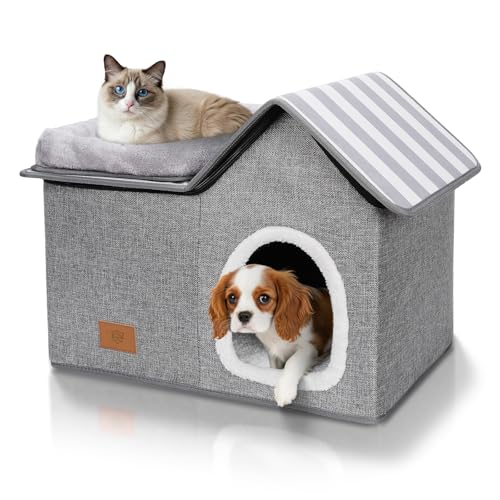 Eukue Katzenhaus, Warm Katzenhöhle Outdoor, Abnehmbar Hundehütte mit Waschbarem Kissen und Plattform, Katzenhöhle für Draußen, Katzenhaus Höhle...