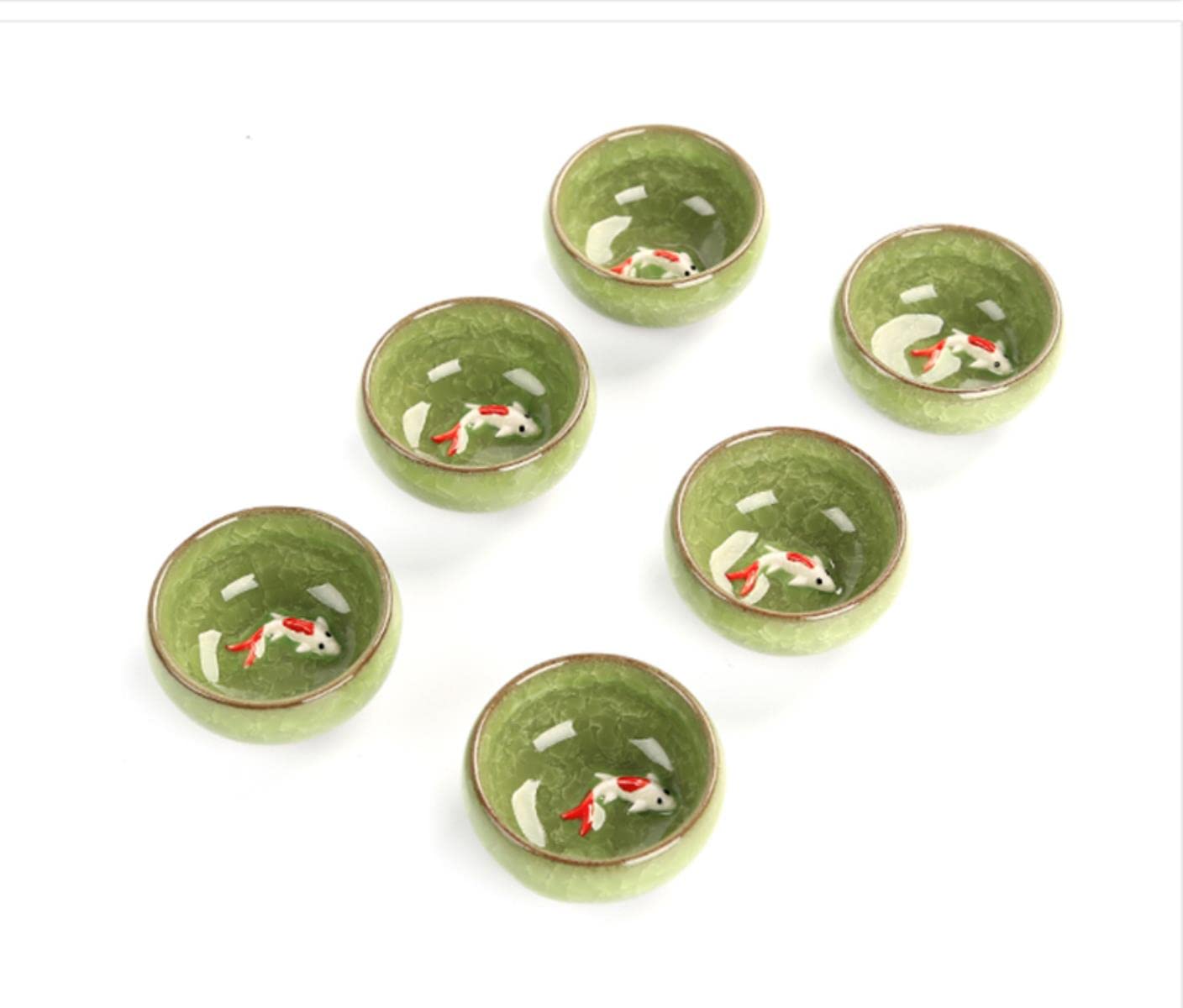 Set Da 6 Tazze Da Tè Cinese In Ceramica Celadon – Piccolo Pesce In Rilievo, Porcellana Per Cerimonia Kung Fu