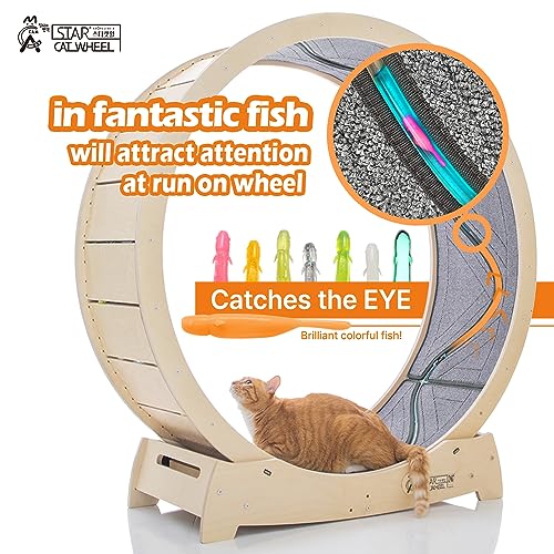 Star Cat Wheel, Cat Treadmill, Exercise Wheel for Running, Spinning, Scratching, and Climbing for Indoor Cats, Premium Birch Wood, Eco-Friendly, Moving Fish, Wide Running Track, 47.2 inch XL Size