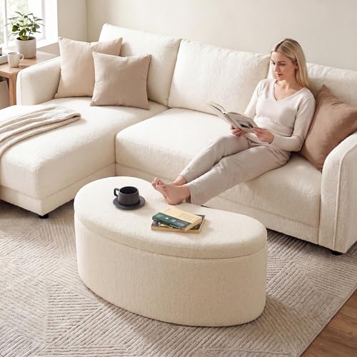 Image of Zesthouse Storage Bench for Bedroom End of Bed, 39.4 inch Small Curved Entryway Ottoman Bench, Beige Linen Fabric Bench Seat for Living Room Hall Mudroom, Modern Upholstered Coffee Table Crescent Shape