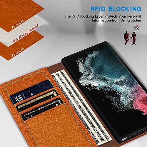 Image of ZZXX for Samsung Galaxy S22 Ultra Wallet Case with [RFID Blocking] Card Slot Stand Strong Magnetic Leather Flip Fold Protective Phone Case for Samsung Galaxy S22 Ultra Case Wallet(Brown-6.8 inch)