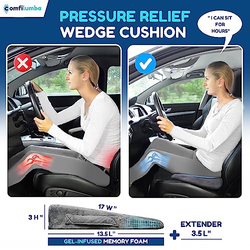 Comfilumba Car Seat Cushion For Car Seat Driver (W/Leg Extender) - Gel Infused Memory Foam - Coccyx Cushion Wedge For Driving, Office Chair - Pressure Relief From Back Pain, Sciatica,Tailbone Pain #TOP1