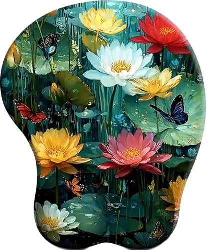 Preisvergleich Produktbild 3D Mauspad mit Gelkissen Schmetterling liebt Lotusteich Mousepad Ergonomisches mit Handauflage für schonende Handgelenk Haltung für das Home Office Arbeiten Lernen
