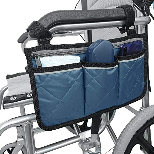 Wheelchair Side Bag with Pouches and Reflective Stripe, Wheelchair Armrest Side Organizer