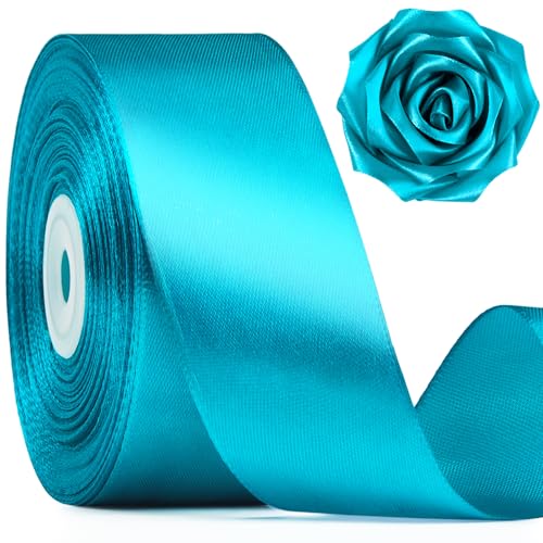 Image of Mauproy 1-1 /2 Inch Wide Peacock Blue Satin Ribbon, 50 Yards Turquoise Solid Polyester Fabric Ribbon for Roses Making, Gift Wrapping, Flower Bouquets, Wedding Decorations, Handmade Crafts