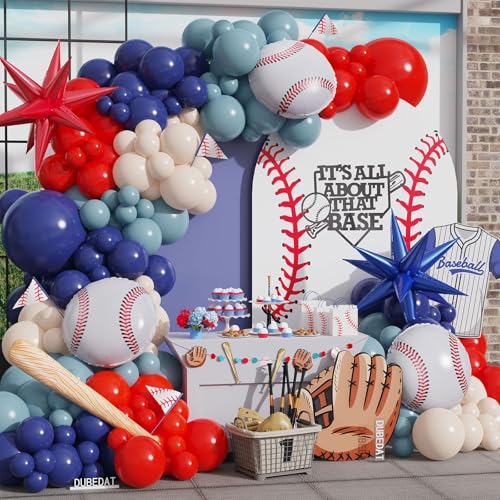 Baseball Balloon Garland Arch Kit 141pcs Red White Deep blue Twilight blue with 3D Baseball bat Star Balloons for Party Supplies