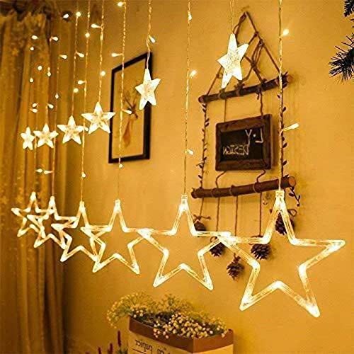 Image of Home Harmony's Christmas 12 Star 138 Pixel LED Curtain String Lights with 8 Flashing Modes for Diwali Home Room Birthday Indoor Outdoor Christmas Decoration, Warm White (Star)