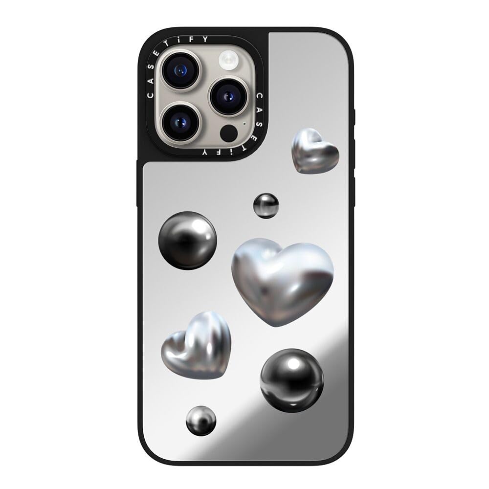 CASETiFY Mirror iPhone 15 Pro Max Case [Reflective / 4.9ft Drop Protection/Compatible with Magsafe] - Chrome Love - Silver On Black