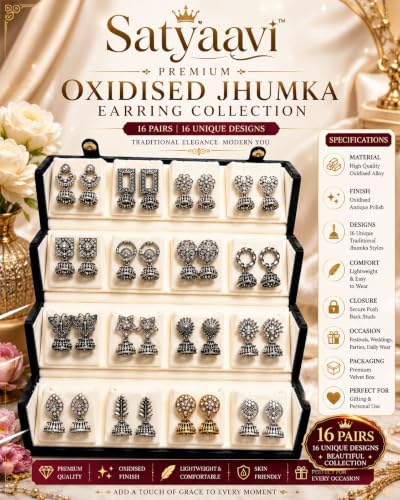 Image of Mirakii Jewels Oxidized Silver Jhumka Earrings Set for Women & Girls (16 Pairs) | Traditional Jhumki Combo | Multi Design Jhumka Collection with Premium Gift Box