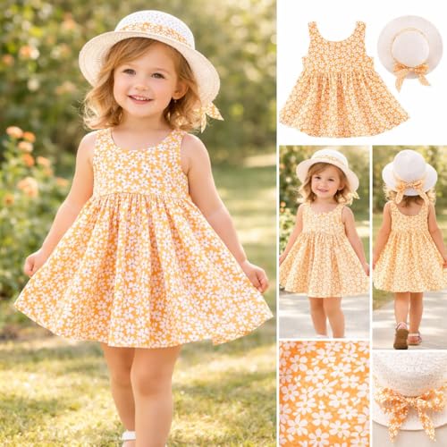 Image of Bold N Elegant Baby-Girl's Summer Sleeveless Cotton Floral Heart Print Princess Midi Dress Frock Tutu with Hat for Girls