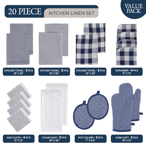 Image of LANE LINEN Flour Sack Towels & Kitchen Towel Set 20 Pc - Premium Cotton Tea Towels for Bread Baking, Super Absorbent Dish Cloths for Washing Dishes, Multipurpose Kitchen Rags & Oven Mitt Set - Indigo