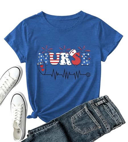4th of July Nurse Shirt Women-Patriotic Nurse Short Sleeve Cute Firework Tee Top Nursing School Tops