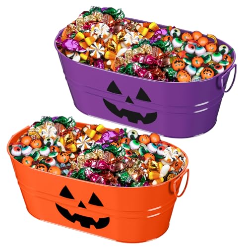 Zonon 2 Pack Halloween Pumpkin Galvanized Buckets with Handles, 4 Gallons Halloween Candy Bowl, Galvanized Ice Buckets Metal Beverage Ice Tub for Party Favors Cocktail Bar Supplies(Orange, Purple)