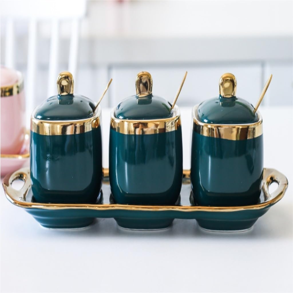 SAeWare Tarro de condimentos, contenedor de especias de cerámica, tarro de condimentos, salero, botella de condimentos, tarro de azúcar, caja de condimentos, encimera de cocina, azul, 3 piezas