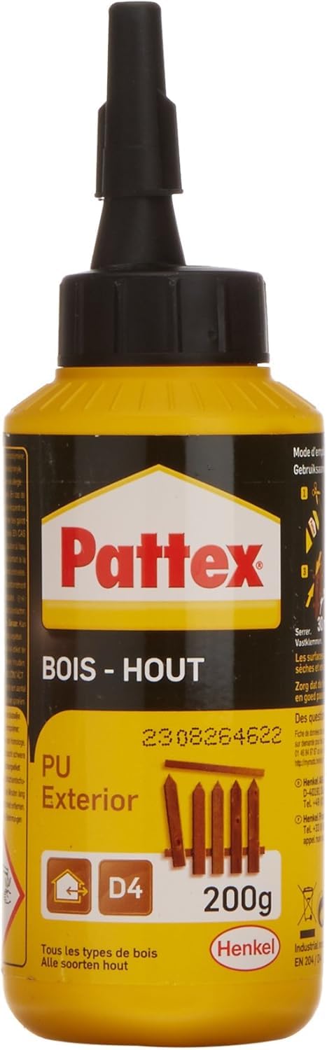 Colle à bois PU Pattex étanche D4 extérieur pour réparation de salon de jardin
