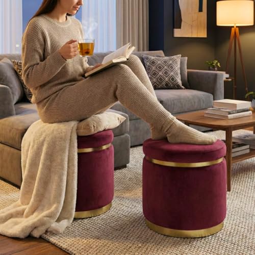 Image of Decorative Ottoman Pouffes for Sitting - Two-Piece Set of Puffy Stools and Footstools - Round Ottoman Stool for Living Room Furniture (Maroon)