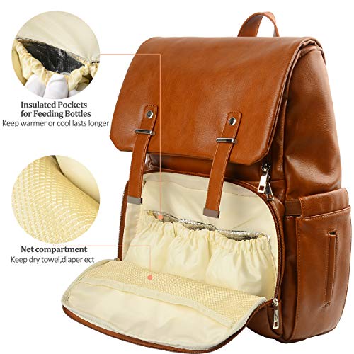 Kzni Leather Diaper Bag Backpack, Nappy Bag Baby Bags For Mom Unisex Maternity Diaper Bag With Stroller Hanger|Thermal Pockets|Adjustable Shoulder Straps|Water Proof| Largecapacity (Brown) #TOP2