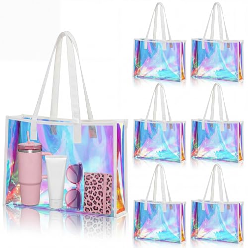 Aliceset 6 Pcs 6/12 Pcs Iridescent Tote Bags with Handle Bachelorette Favor 15x11x4.3 Bridesmaid Holographic Bag for Beach Travel (White)