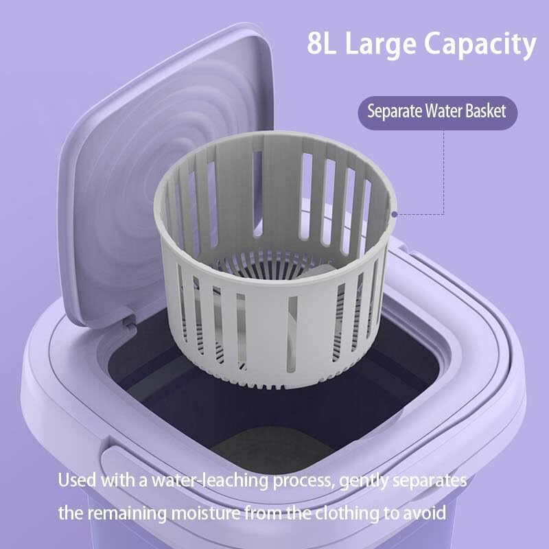 The interior of the PUCHEN 8L Portable Mini Foldable Washing Machine showing the separate draining basket for spin-drying, with text indicating '8L Large Capacity' and 'Separate Water Basket'.