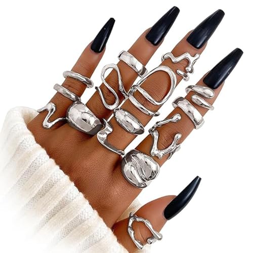BelleVive 15-teiliges Set mit klobigen Silberringen für Damen, 14 Karat vergoldet, dicke Kuppel, stapelbare offene Ringe, trendige, zierliche, minimalistische Schmuckgeschenke, Silber