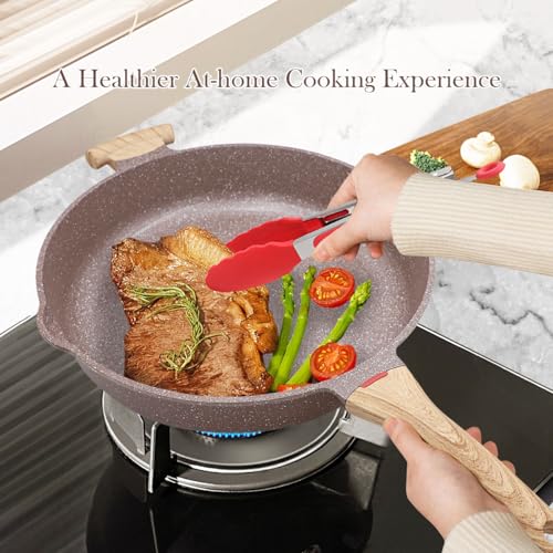AIKENBBKK 2-in-1 Ceramic Nonstick Deep Frying Pan Skillet, 32cm Frying Pan with Lid Healthy Ceramic Non-Stick Coating, PFOA/PTFE-Free- Brown - Image 5