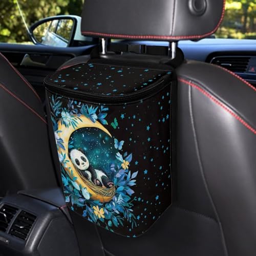 Image of Talayituse Panda Moon Flower Print Car Trash Can with Adjustable Straps, Foldable Car Trash Bag Bin Car Garbage Bag Multipurpose Storage Box for Vehicle Travel Camping Picnicing