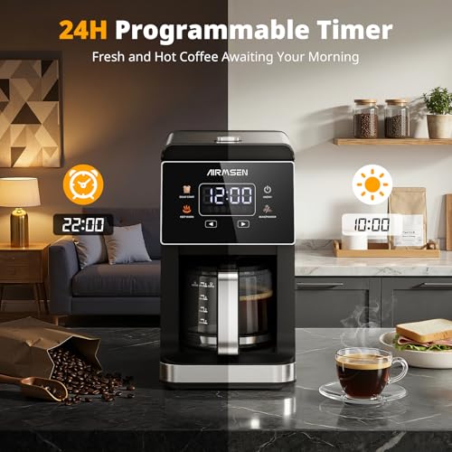 Image of AIRMSEN Grind & Brew Coffee Maker with Built-in Grinder, Programmable Single Serve Coffee Maker - 5 Cup-800ML, 3 Grind Settings, Auto Keep Warm & Glass Carafe for Small Home and Office