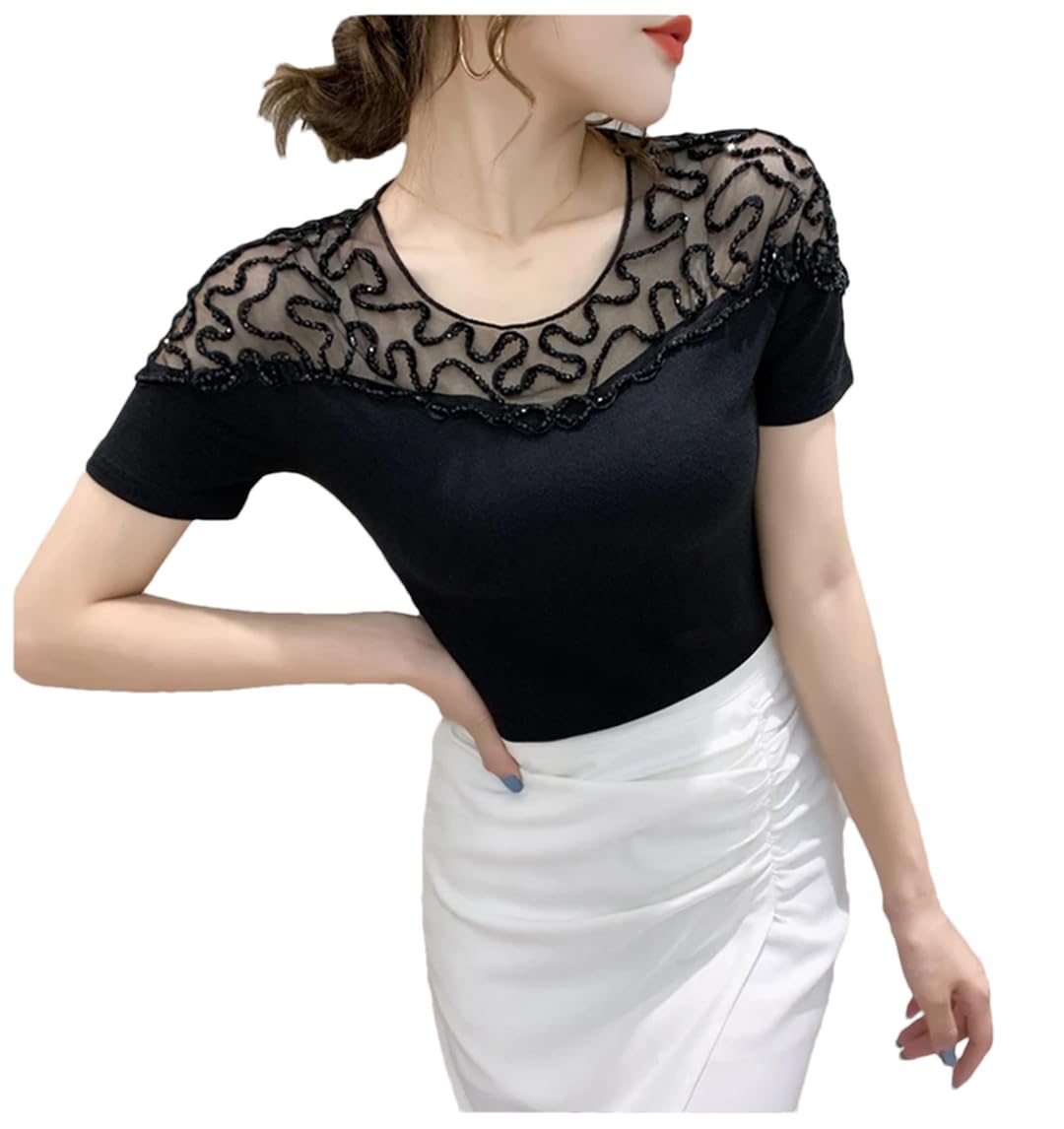 Lmtossey Maglietta estiva con scollo rotondo femminile in pizzo traforato a rombi slim fit top manica corta stretch t-shirt