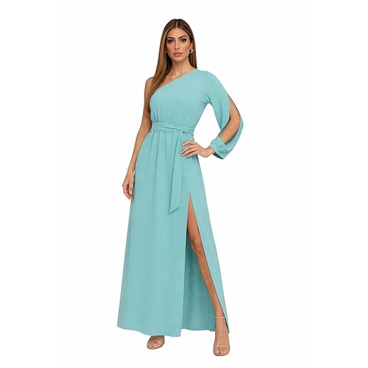 Vestido Longo Feminino Com Fenda Lateral e Abertura Na Manga Elegante